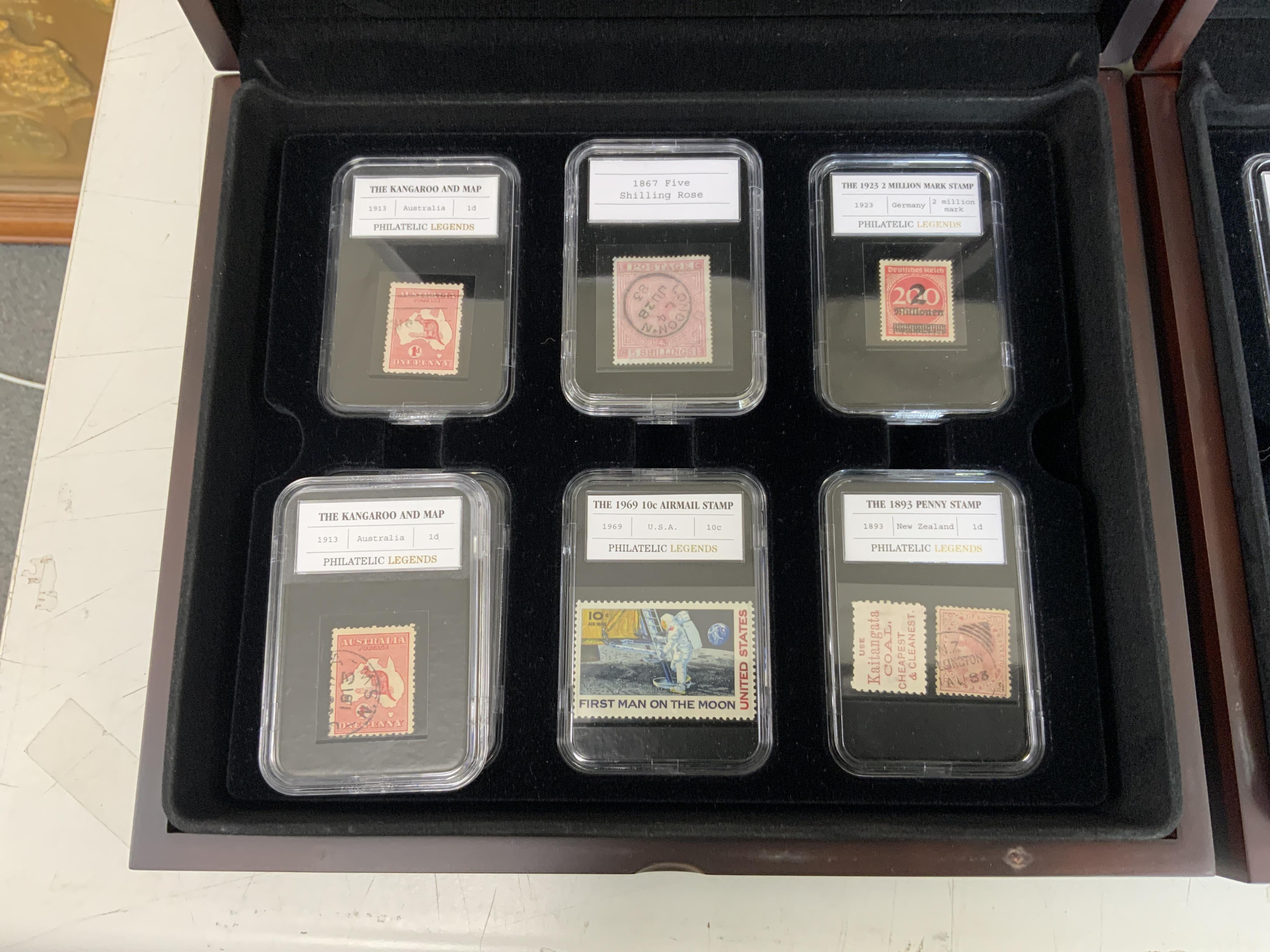 A collection of world stamps including two case selections of stamps in individual perspective cases from the Philatelic Legends ‘Historic Stamps’ collection, including Vichy France, US Civil War, the Cape triangle stamp